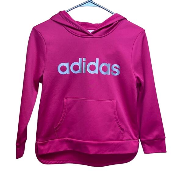 Adidas Pink & Silver Pull Over Hoodie Sweatshirt Girls Large 14 - Picture 1 of 4